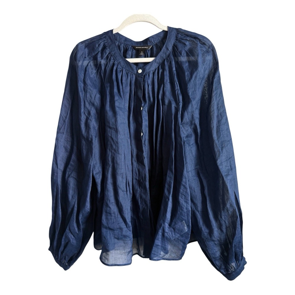 Banana Republic Ramie Balloon Sleeve Blouse Navy Blue Sheer Oversized Top XL